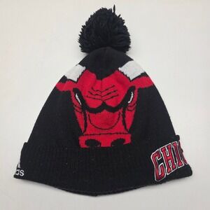 Adidas‎ Chicago Bulls NBA Beanie Hat Mens Black Red Knit Pom Pom Cuffed One Size